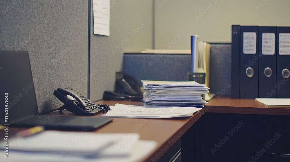 A quiet office cubicle with a laptop, phone, and stack of documents. A quiet office cubicle with a laptop, phone, and stack of documents.
