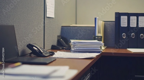 A quiet office cubicle with a laptop, phone, and stack of documents.