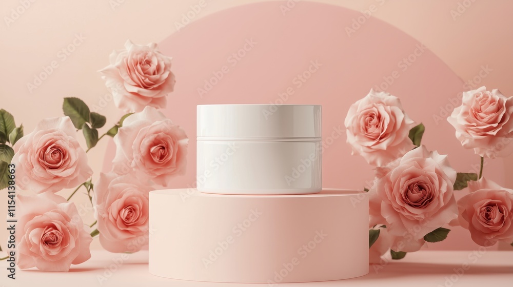 Cosmetic cream jar mockup on podium with pink rose decoration. Concept for Beauty product commercial, Elegant, Luxurious Cosmetic cream jar mockup on podium with pink rose decoration. Concept for Beauty product commercial, Elegant, Luxurious