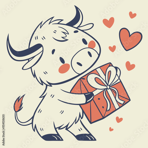 Cute little highland cow holding a Valentine's Day gift