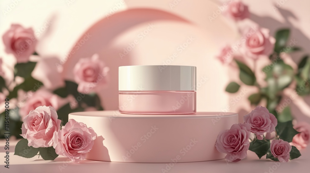 Cosmetic cream jar mockup on podium with pink rose decoration. Concept for Beauty product commercial, Elegant, Luxurious Cosmetic cream jar mockup on podium with pink rose decoration. Concept for Beauty product commercial, Elegant, Luxurious