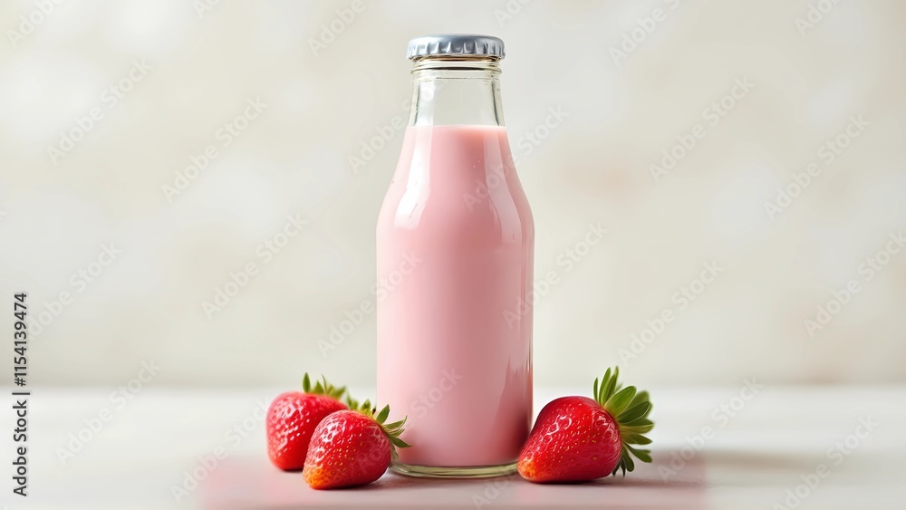 Mockup of strawberry milk in bootle with strawberries isolated on white background Mockup of strawberry milk in bootle with strawberries isolated on white background