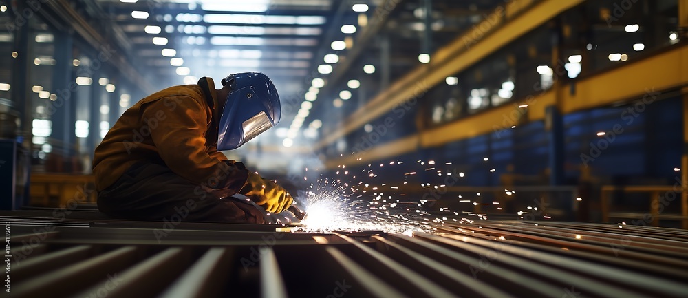 Industrial worker cutting and welding metal with many sparks, in an industrial warehouse. horizontal Industrial worker cutting and welding metal with many sparks, in an industrial warehouse. horizontal