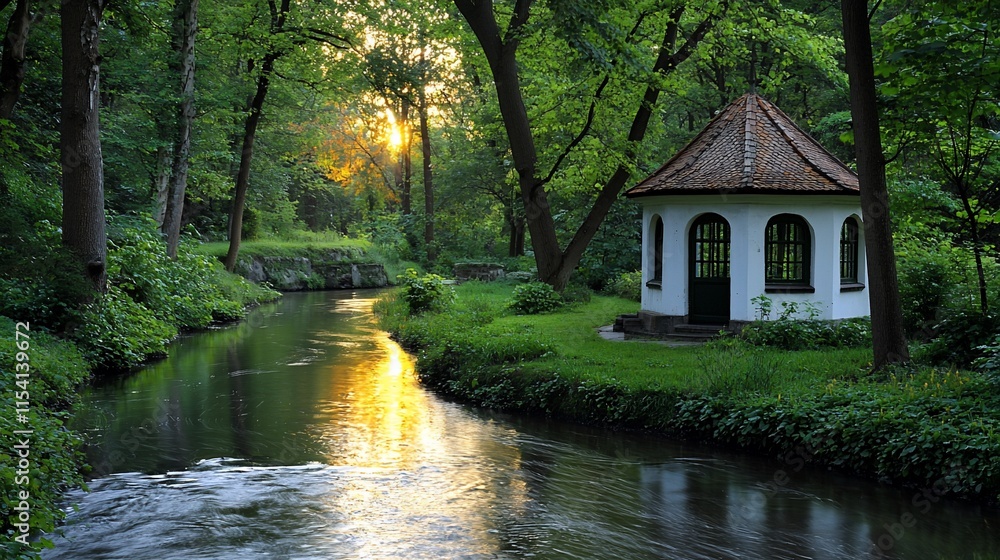 Fototapeta premium Sunset over tranquil stream, gazebo in lush green forest.