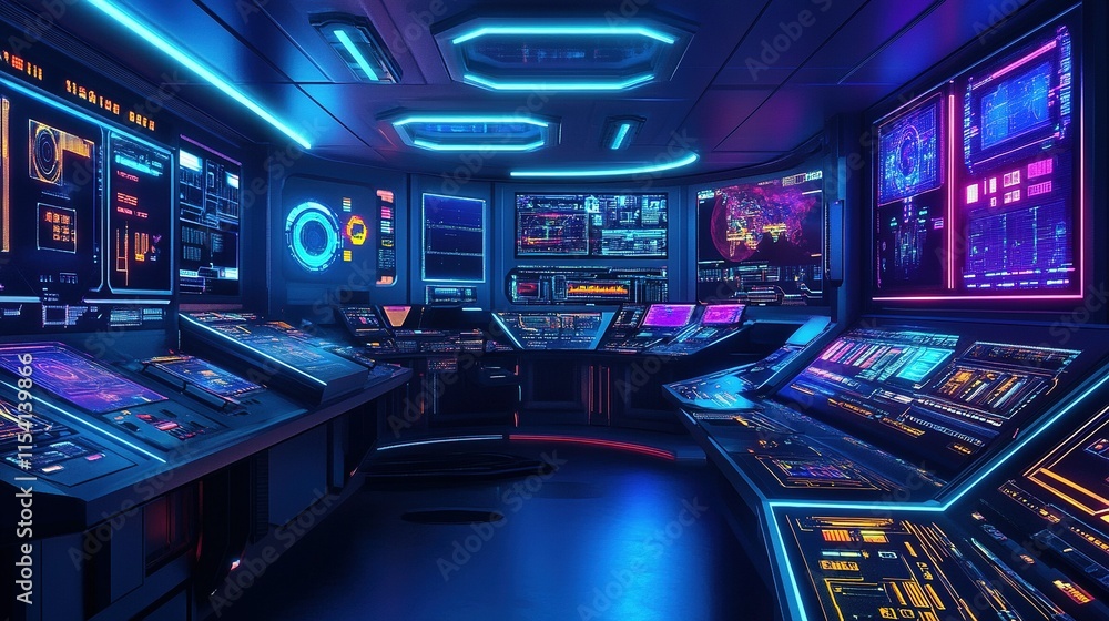 A futuristic, high-tech control room with neon lighting and holographic screens. A futuristic, high-tech control room with neon lighting and holographic screens.