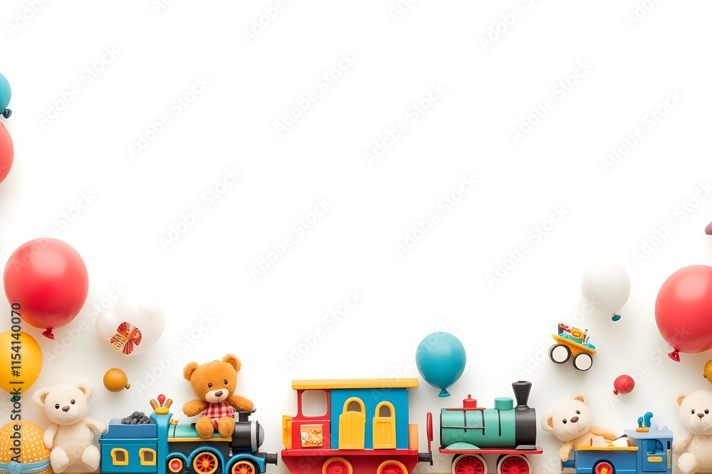 Fototapeta premium Cheerful Toy Train, Teddy Bear, and Balloon Design on White Background