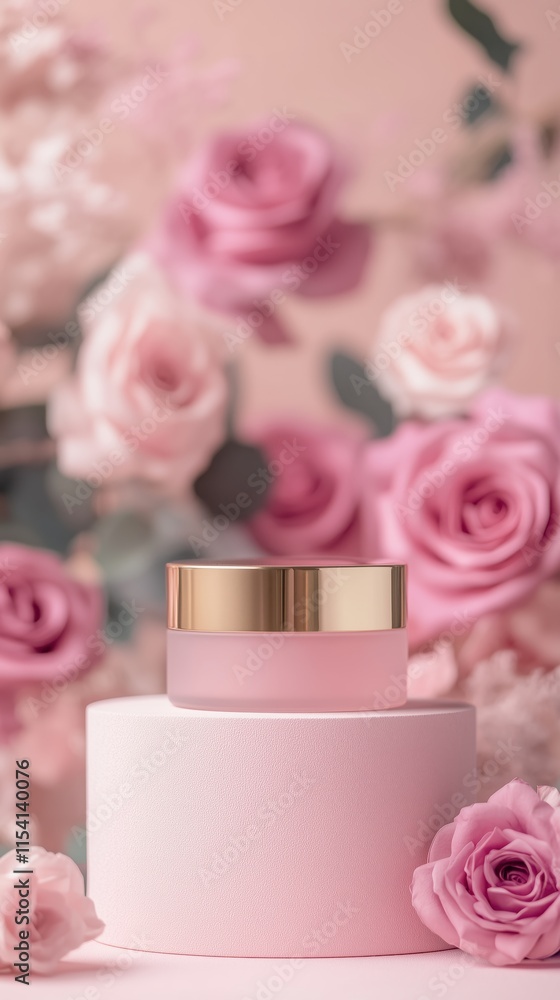 Cosmetic cream jar mockup on podium with pink rose decoration. Concept for Beauty product commercial, Elegant, Luxurious Cosmetic cream jar mockup on podium with pink rose decoration. Concept for Beauty product commercial, Elegant, Luxurious
