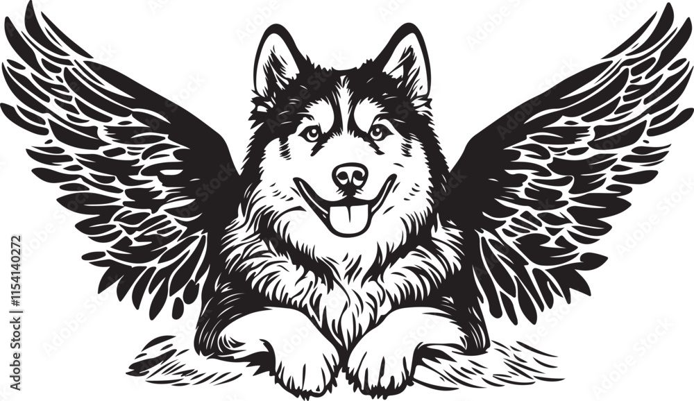 Obraz premium Alaskan Malamute Dog with Angel Wings Stylized Vector Illustration Graphic