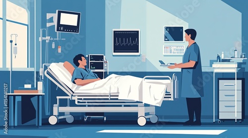 A flat vector of a nurse taking care of a patient in a hospital room.