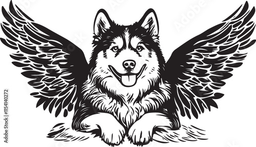 Alaskan Malamute Dog with Angel Wings Stylized Vector Illustration Graphic