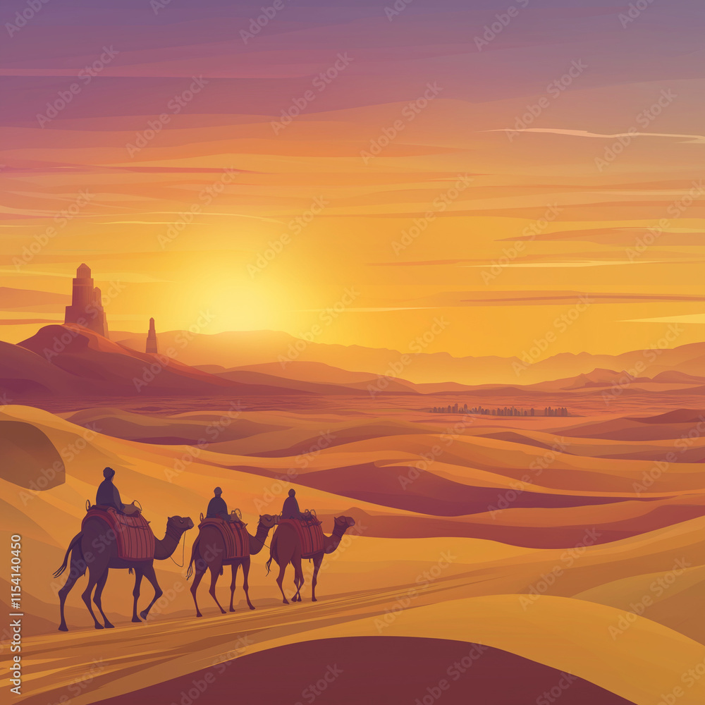 The Camel Caravan and Sunset in the Mysterious Desert The Camel Caravan and Sunset in the Mysterious Desert
