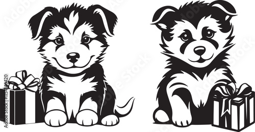 Alaskan Malamute Puppies Christmas Gift Stylized Vector Illustration Graphic