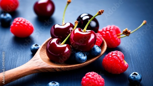 Cherries and berries on wooden spoon