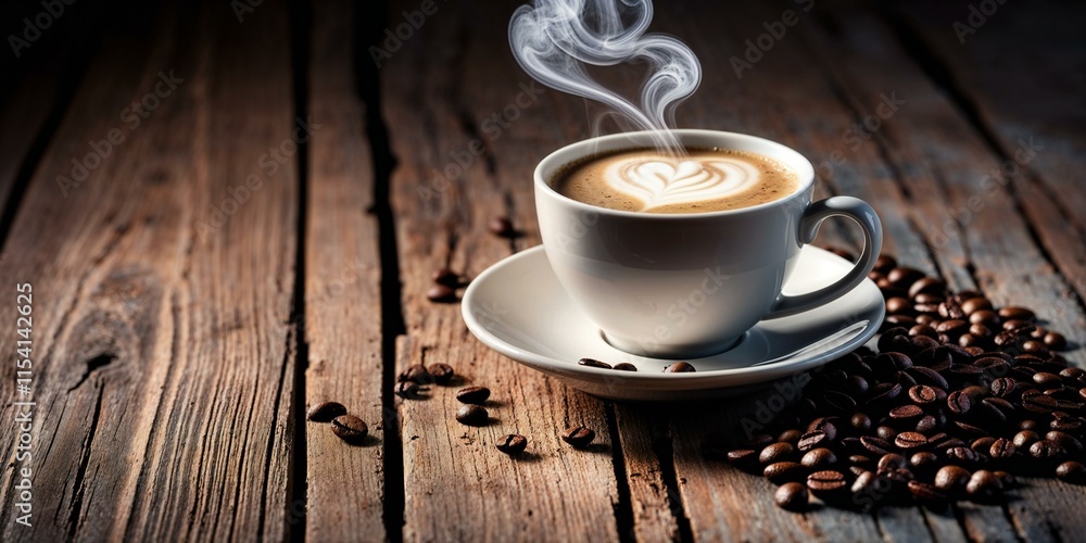 Traditional Coffee Cup With Heart-Shaped Steam On Rustic Wood Traditional Coffee Cup With Heart-Shaped Steam On Rustic Wood