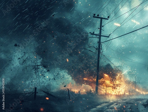 Toppled overhead downed power lines. electricity pylon high-voltage power lines were damaged by the storm, wind storm