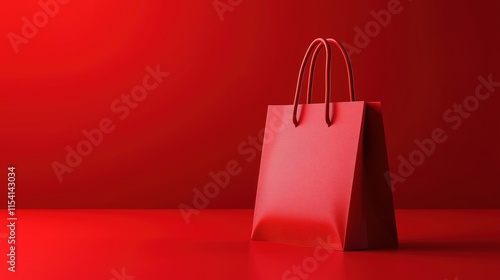 Red shopping bag on red background with copy space. Concept for valentine's sale banner or shopping advertisement