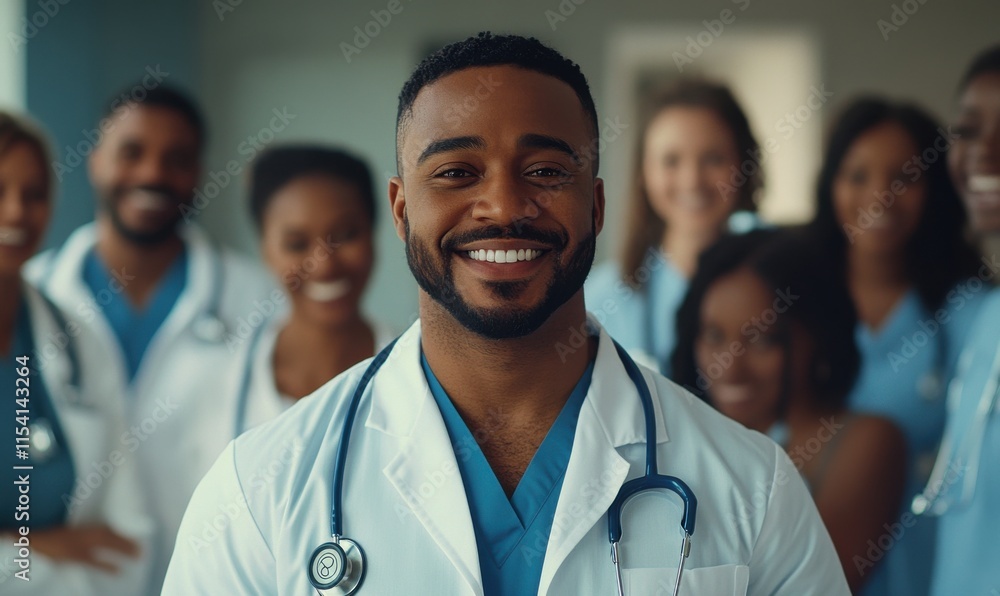 Diverse team of medical professionals smiling in a modern healthcare setting Diverse team of medical professionals smiling in a modern healthcare setting