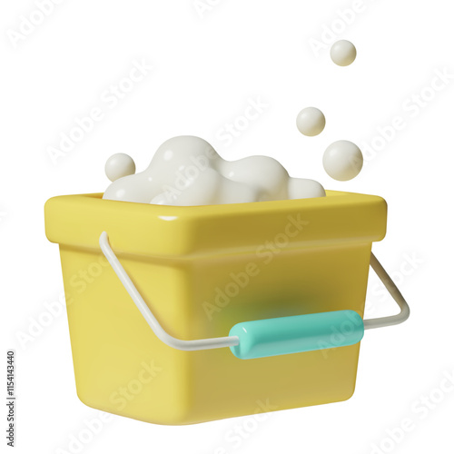 Yellow bucket 3d icon with suds and bubbles. Realistic vector illustration of house cleaning and washing equipment isolated on white background.