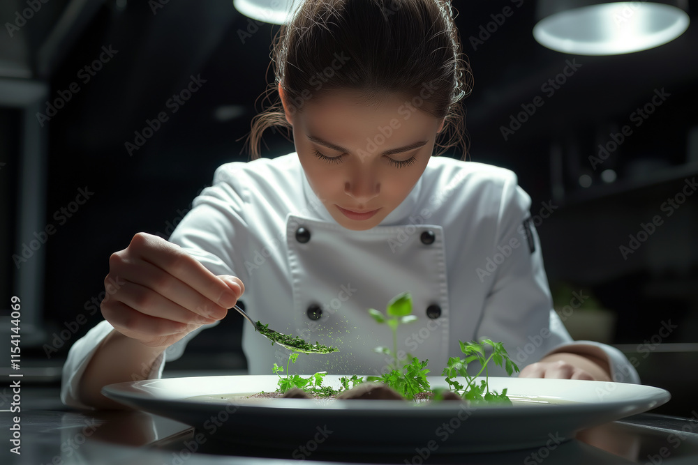 Female chef in a white uniform sprinkling herbs on a dish with concentration. Female chef in a white uniform sprinkling herbs on a dish with concentration.