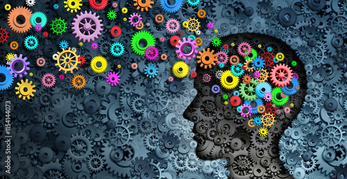 Quadro su tela Creative development and education or learning skills as a business symbol of technology and brain function representing engineering and intelligent creativity as gears and cogs metaphor