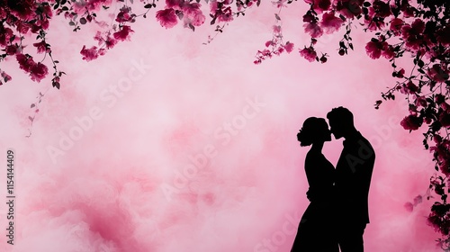 loving couple framed by peony blossoms in a dreamy double exposure, perfect for Valentine’s Day designs photo