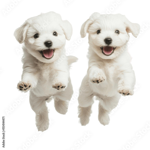 Fluffy white puppies joyfully jumping in midair against a lighthearted, playful scene. photo