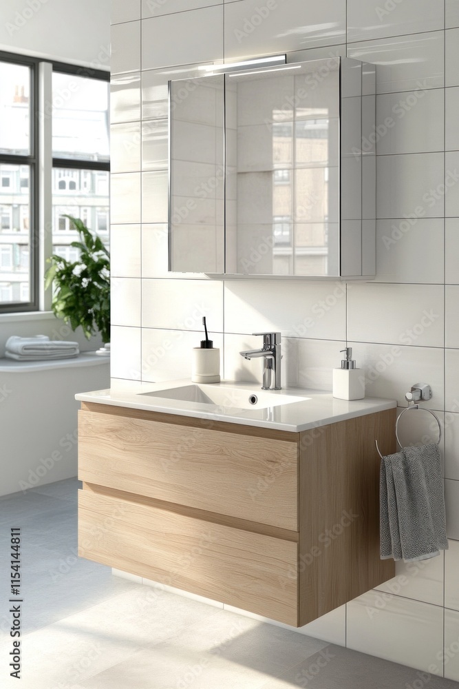 Modern bathroom vanity with sink, mirror and light fixture illuminating the space Modern bathroom vanity with sink, mirror and light fixture illuminating the space