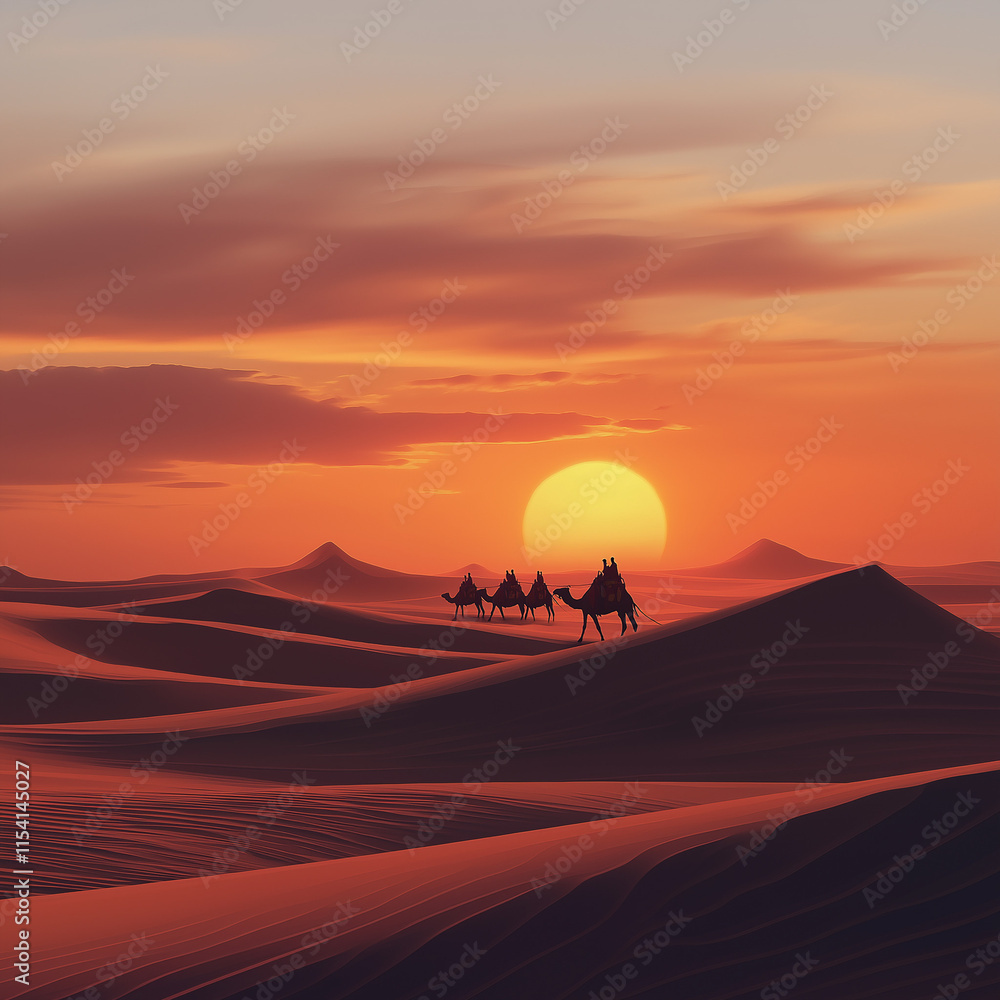The Camel Caravan and Sunset in the Mysterious Desert The Camel Caravan and Sunset in the Mysterious Desert