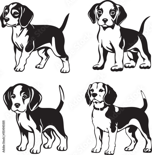 Beagle Puppy Dogs Standing Stencil Stylized Vector Illustration Graphic