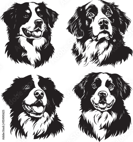 Bernese Mountain Dog Stylized Silhouette Set Vector Illustration Graphic