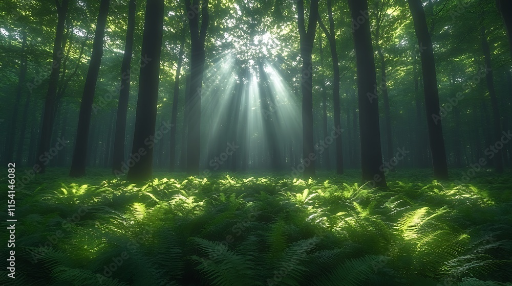 Fototapeta premium Sunbeams Illuminate a Lush Forest Floor with Ferns