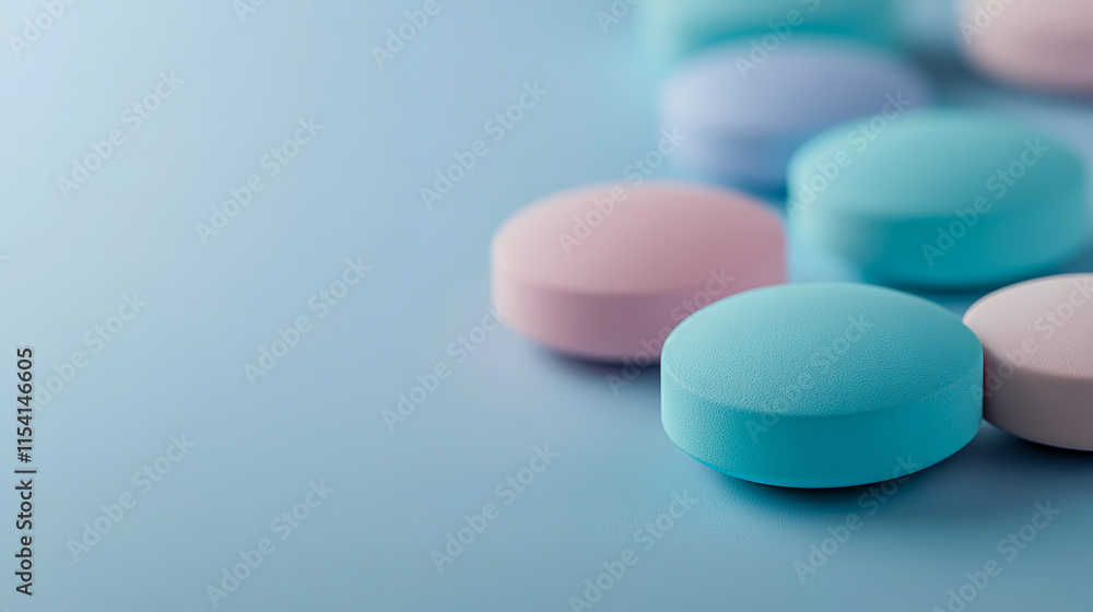 Colorful circular tablets arranged on a soft blue background showcasing various pastel shades Colorful circular tablets arranged on a soft blue background showcasing various pastel shades