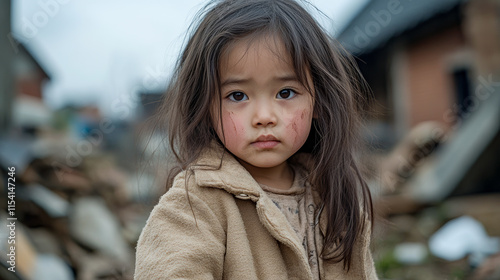 Child standing amidst debris in a rural setting showing signs of hardship and resilience in a challenging environment