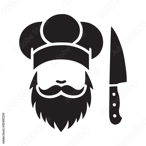 Bearded Chef Silhouette and Sharp Knife Culinary Logo