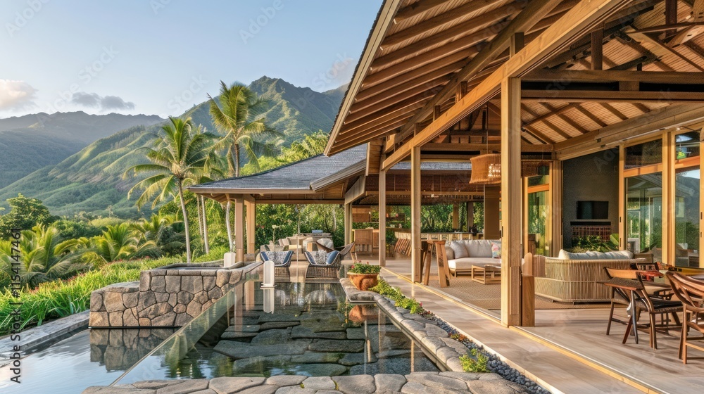 Modern tropical home with infinity pool and mountain view. Modern tropical home with infinity pool and mountain view.