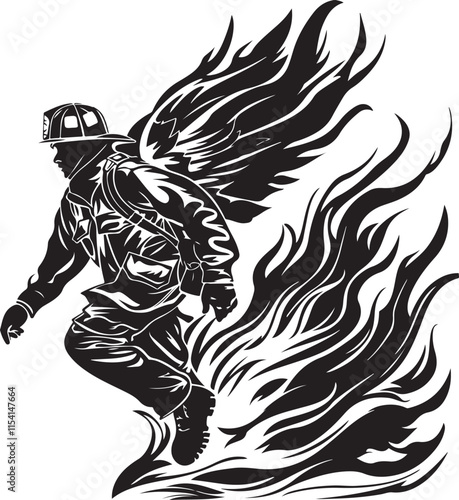 Brave Firefighter Running Through Flames with Angel Wings Vector Illustration Graphic