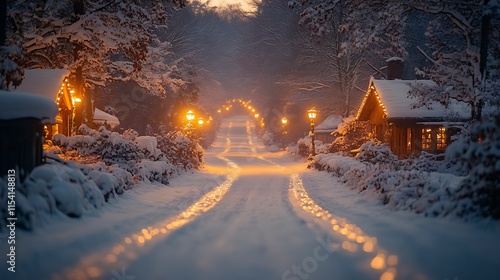 Snow covered winter village street at twilight with lights