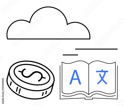 Cloud outline, coin with dollar sign, open book with multilingual letters. Ideal for technology, finance, education, cloud storage, currency exchange language learning globalization. Line metaphor photo