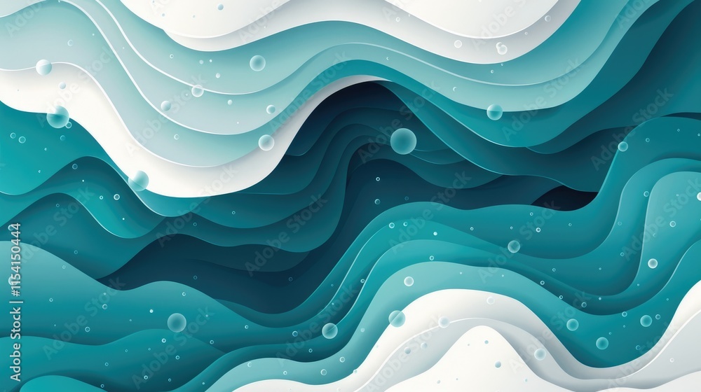 Fototapeta premium Abstract layered waves in teal and white, resembling ocean currents and bubbles.