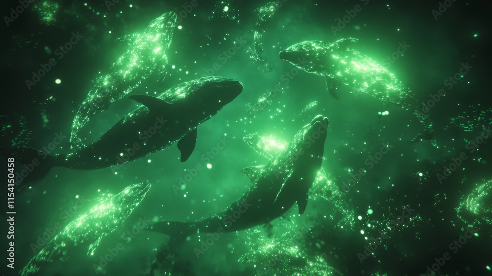 Fototapeta premium Bioluminescent Mammals in Underwater Scene