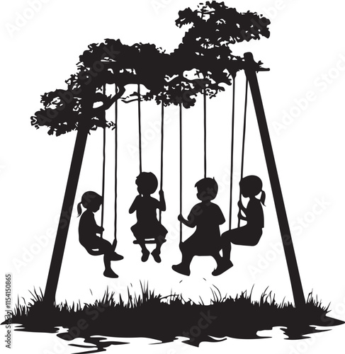 Children Playing on Swings Silhouette Vector Illustration Graphic