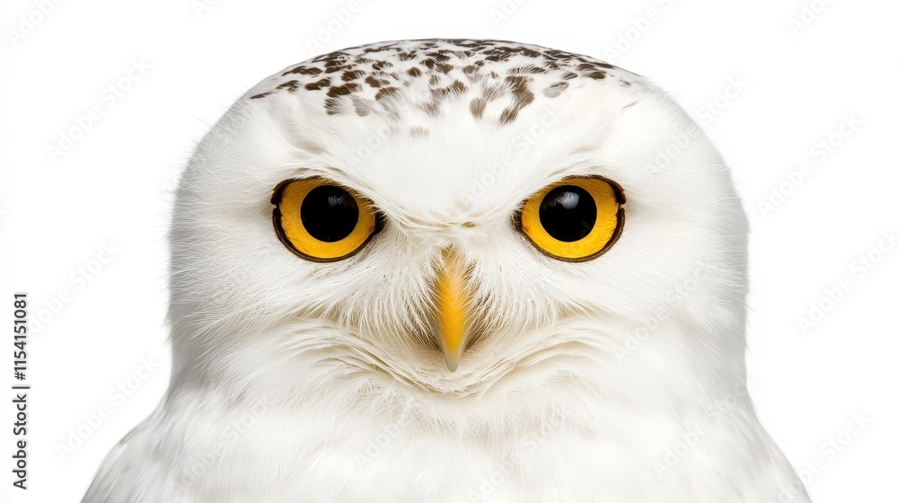 Obraz premium Snowy Owl Perched Against a Clean White Background Portrait
