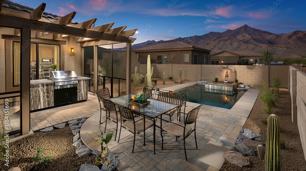 Fototapeta premium Desert backyard patio with pool, pergola, and outdoor kitchen at sunset.
