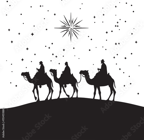 Christmas Three Wise Men Travelling to Meet Jesus Silhouette Vector Illustration Graphic