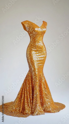 Elegant golden sequin evening dress on mannequin in studio setting photo