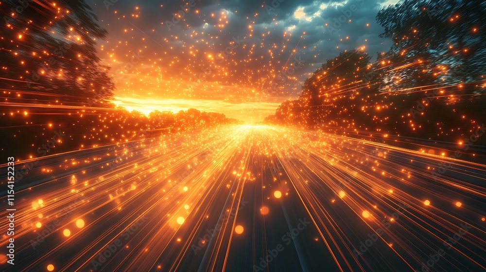 Fototapeta premium Glowing Sunset Highway Speed Light Trails