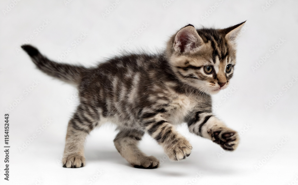 A young kitten, possibly a few weeks old, with a striped gray and brown fur pattern. The kitten is captured in mid-motion, seemingly in the act of walking or pouncing. A young kitten, possibly a few weeks old, with a striped gray and brown fur pattern. The kitten is captured in mid-motion, seemingly in the act of walking or pouncing.
