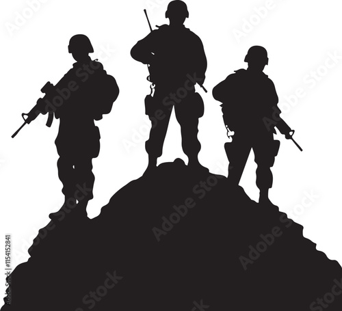 Combat Army Soldiers on Top of a Hill Silhouette Vector Illustration Graphic