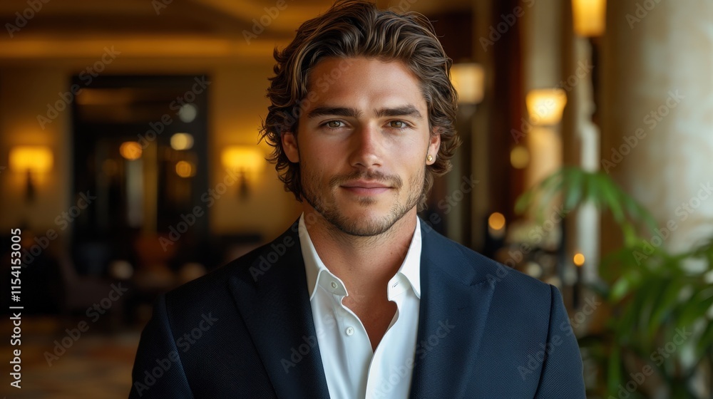 Champion in a suit confidently posing at a luxury hotel lobby during an evening gathering Champion in a suit confidently posing at a luxury hotel lobby during an evening gathering
