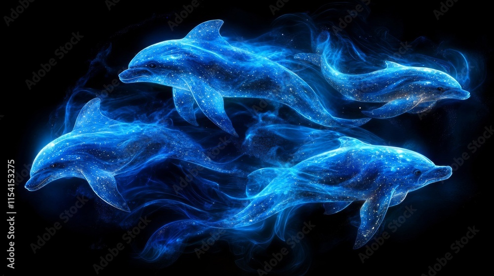 Obraz premium Dolphins in Bioluminescent Underwater Scene